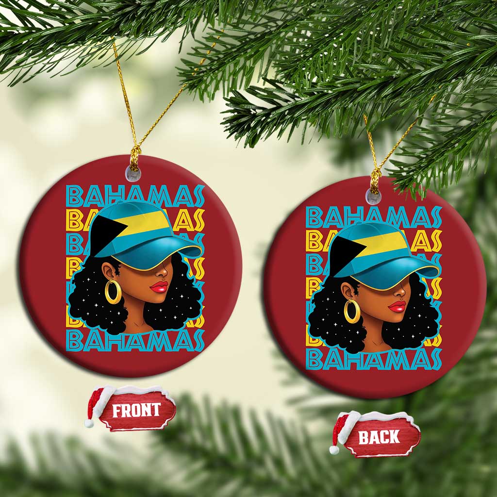 Bahamian Girl Christmas Ornament Melanin Afro Messy Bun Black Woman Bahamas Flag - African Pride