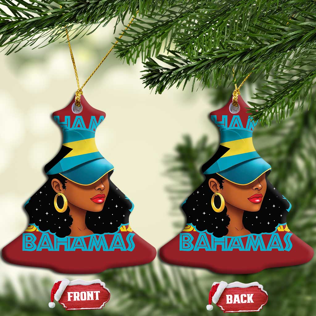 Bahamian Girl Christmas Ornament Melanin Afro Messy Bun Black Woman Bahamas Flag - African Pride