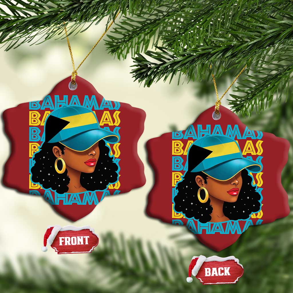 Bahamian Girl Christmas Ornament Melanin Afro Messy Bun Black Woman Bahamas Flag - African Pride