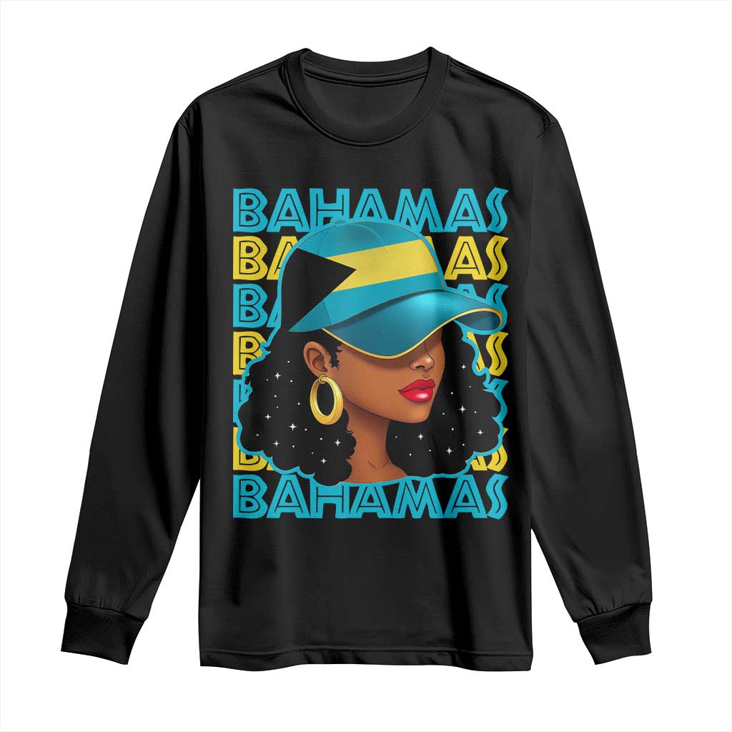 Bahamian Girl Long Sleeve Shirt Melanin Afro Messy Bun Black Woman Bahamas Flag - African Pride