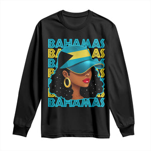 Bahamian Girl Long Sleeve Shirt Melanin Afro Messy Bun Black Woman Bahamas Flag - African Pride