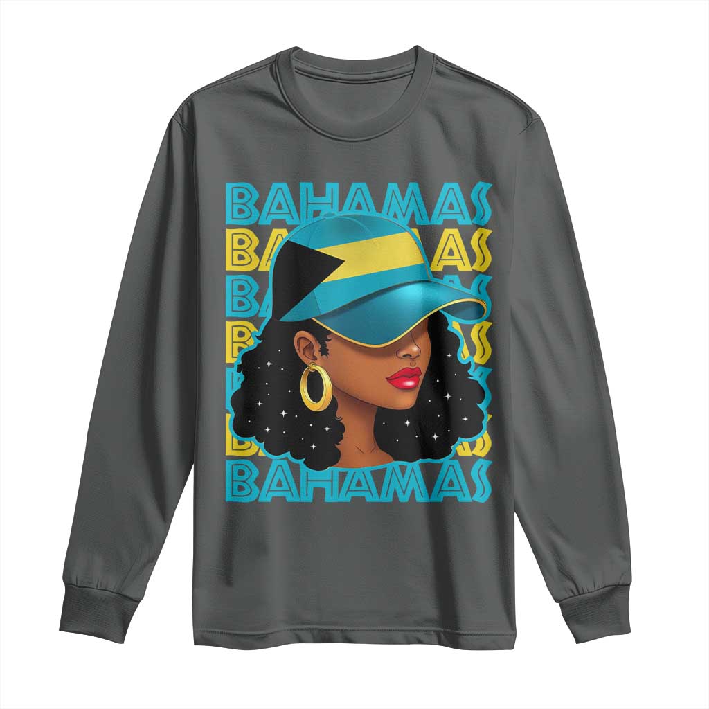 Bahamian Girl Long Sleeve Shirt Melanin Afro Messy Bun Black Woman Bahamas Flag - African Pride