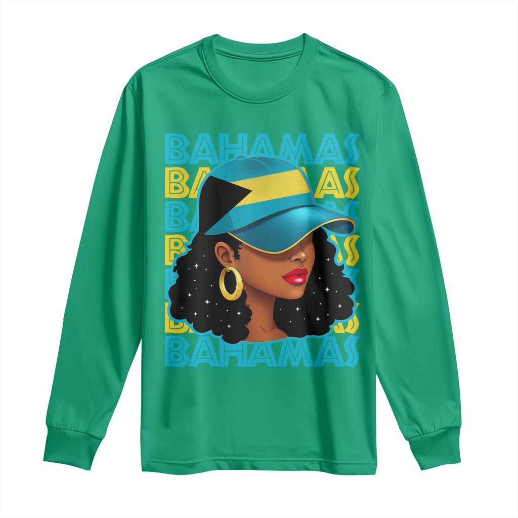 Bahamian Girl Long Sleeve Shirt Melanin Afro Messy Bun Black Woman Bahamas Flag - African Pride