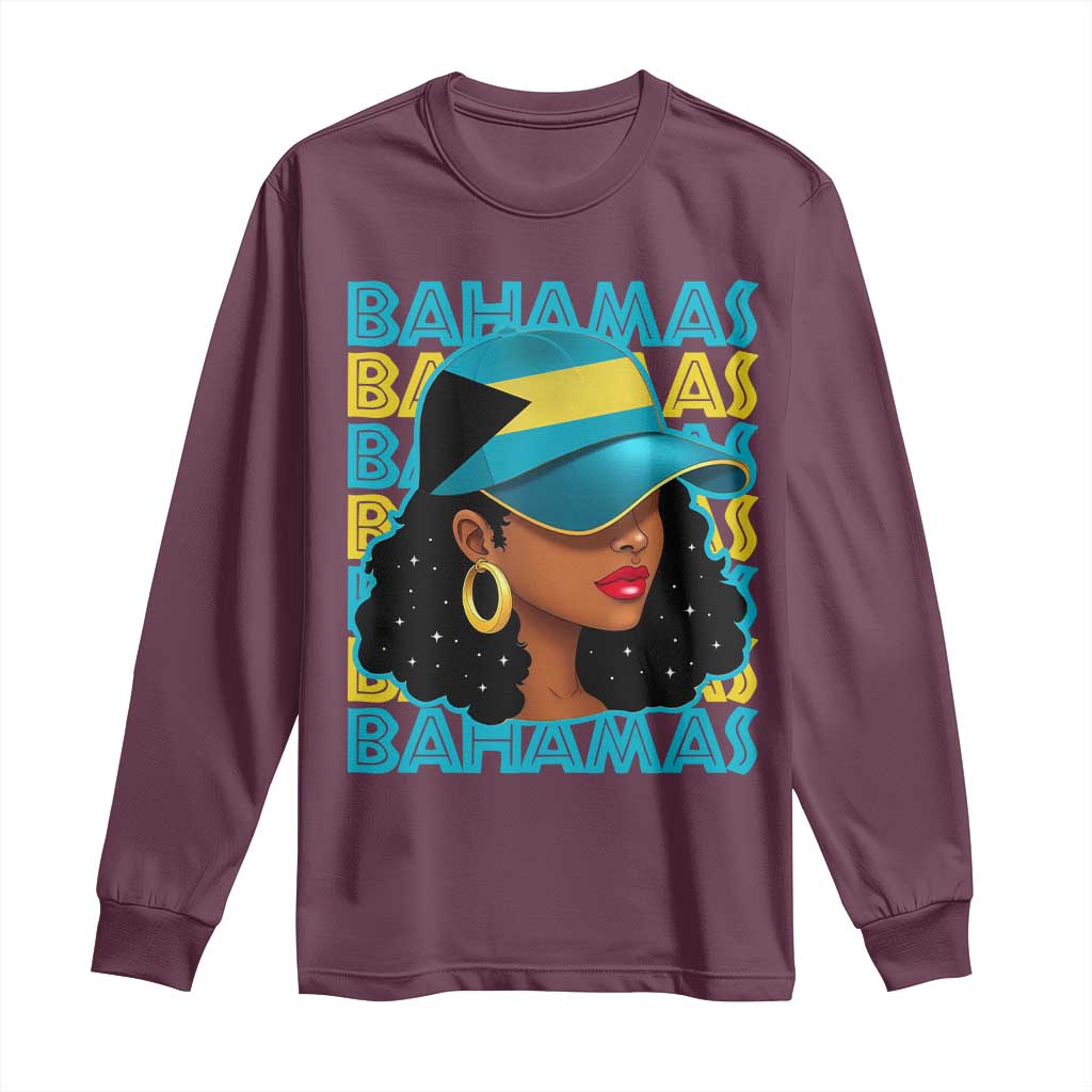 Bahamian Girl Long Sleeve Shirt Melanin Afro Messy Bun Black Woman Bahamas Flag - African Pride