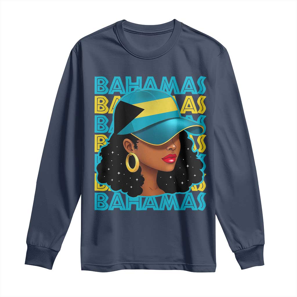 Bahamian Girl Long Sleeve Shirt Melanin Afro Messy Bun Black Woman Bahamas Flag - African Pride