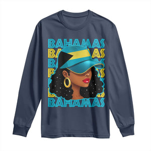 Bahamian Girl Long Sleeve Shirt Melanin Afro Messy Bun Black Woman Bahamas Flag - African Pride