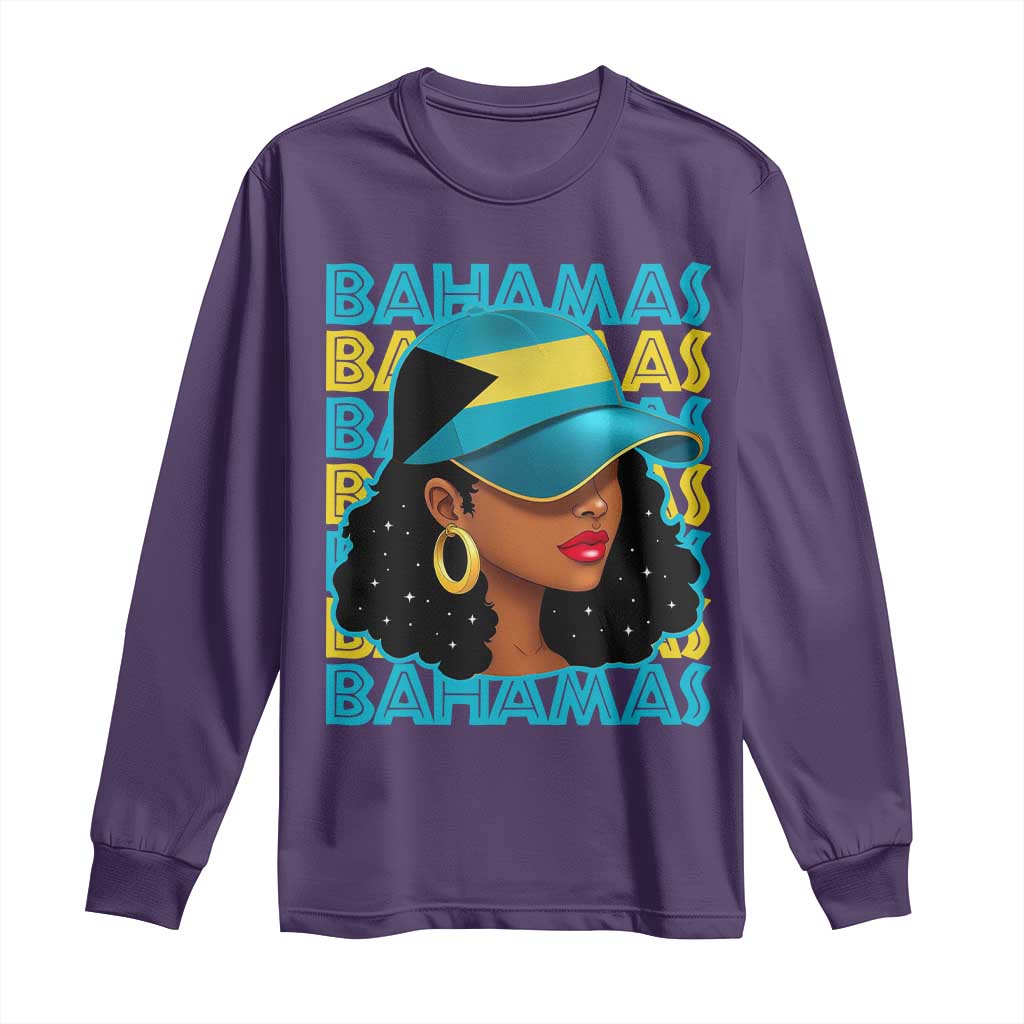Bahamian Girl Long Sleeve Shirt Melanin Afro Messy Bun Black Woman Bahamas Flag - African Pride