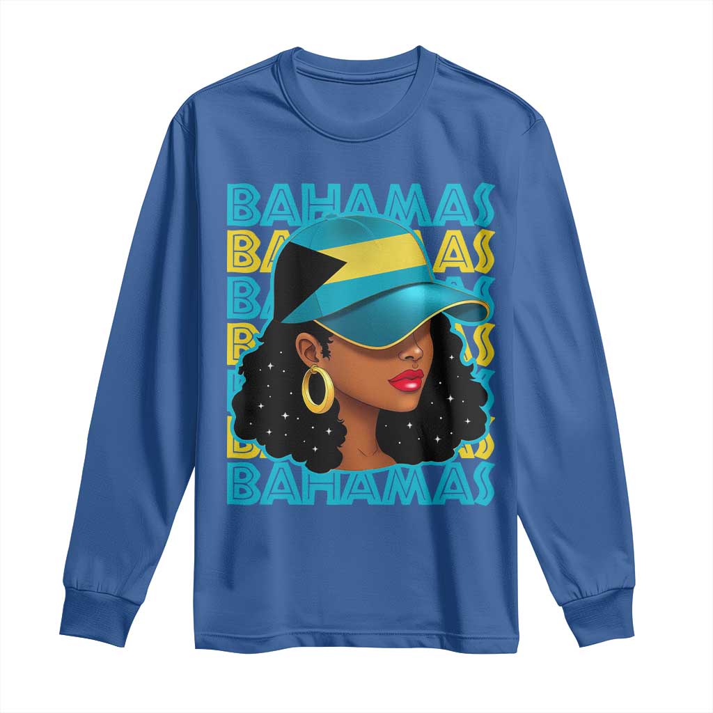 Bahamian Girl Long Sleeve Shirt Melanin Afro Messy Bun Black Woman Bahamas Flag - African Pride