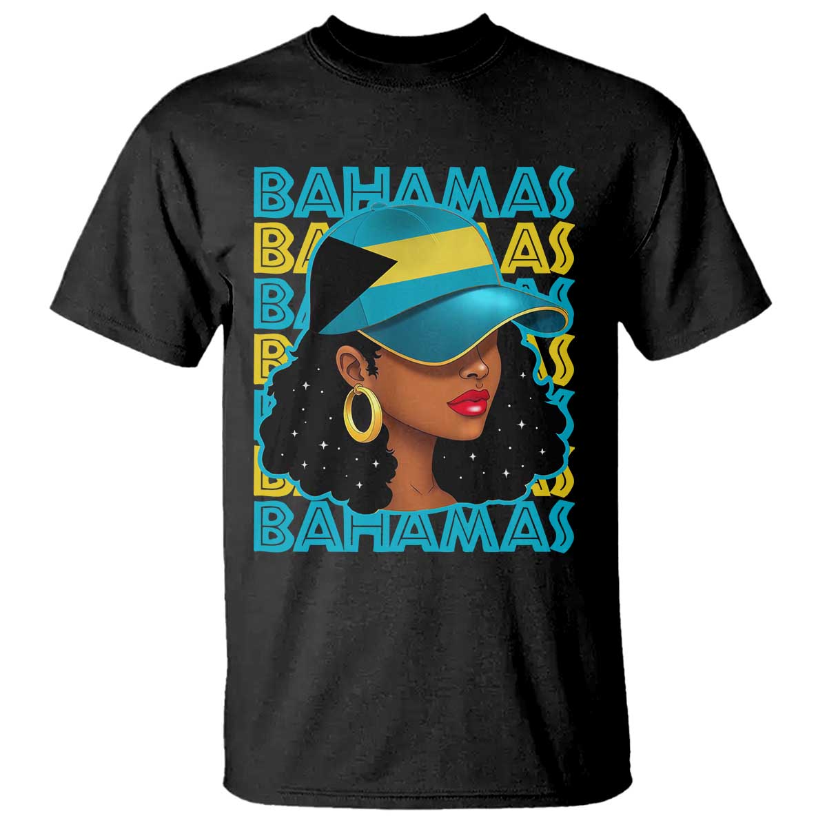 Bahamian Girl T Shirt Melanin Afro Messy Bun Black Woman Bahamas Flag - African Pride