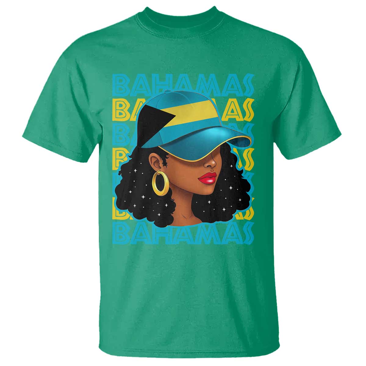 Bahamian Girl T Shirt Melanin Afro Messy Bun Black Woman Bahamas Flag - African Pride