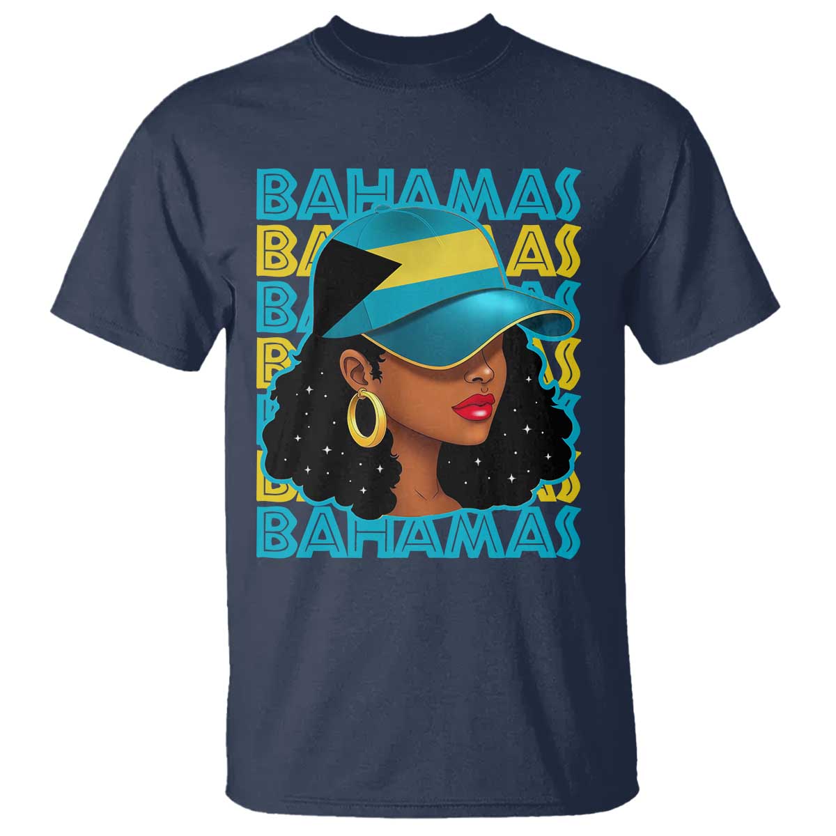 Bahamian Girl T Shirt Melanin Afro Messy Bun Black Woman Bahamas Flag - African Pride