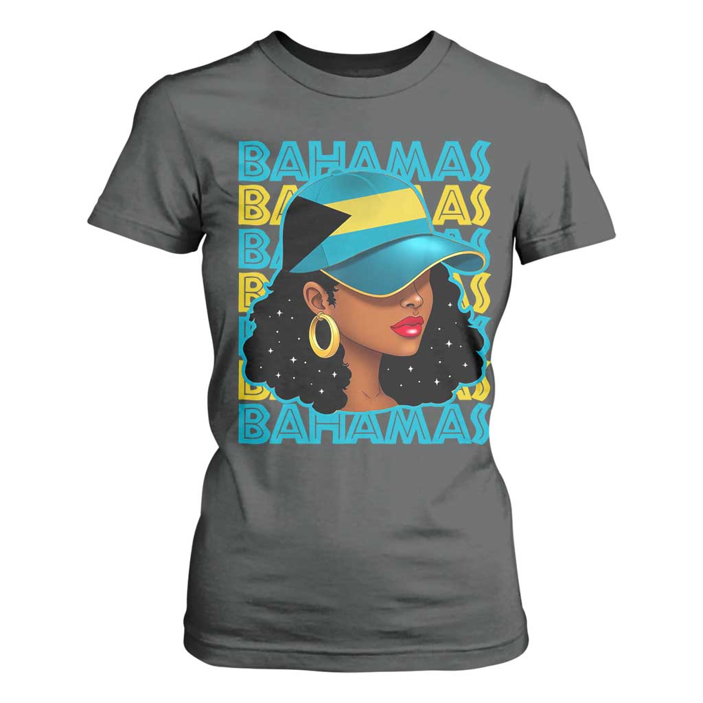 Bahamian Girl T Shirt For Women Melanin Afro Messy Bun Black Woman Bahamas Flag - African Pride