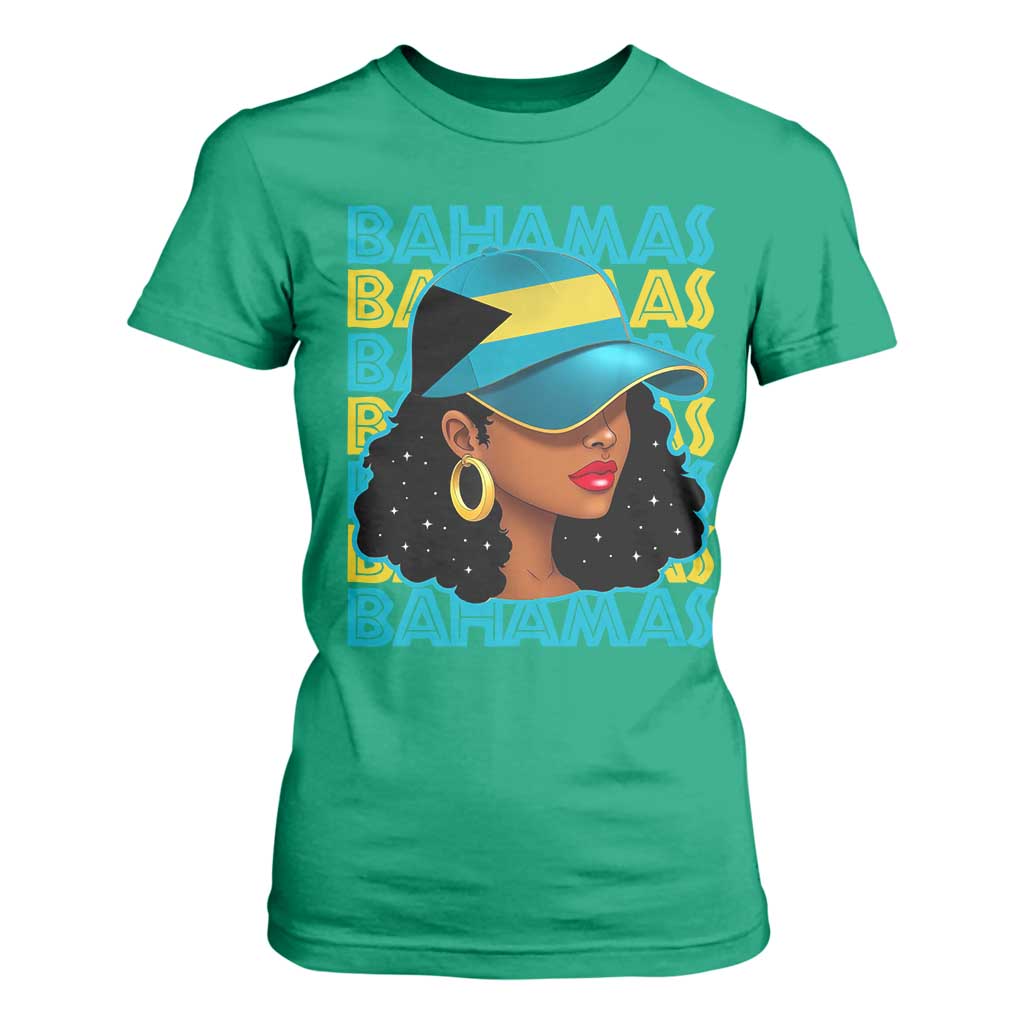 Bahamian Girl T Shirt For Women Melanin Afro Messy Bun Black Woman Bahamas Flag - African Pride