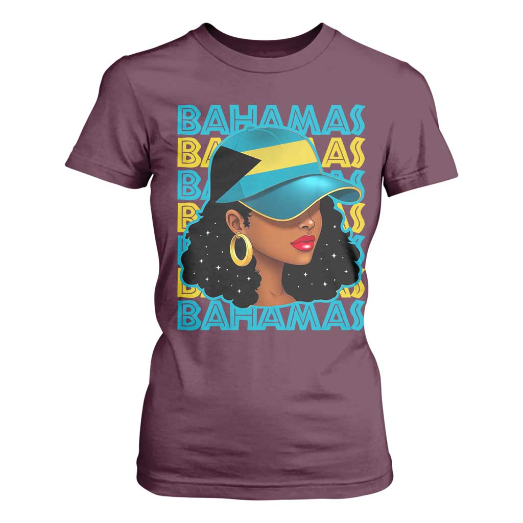 Bahamian Girl T Shirt For Women Melanin Afro Messy Bun Black Woman Bahamas Flag - African Pride