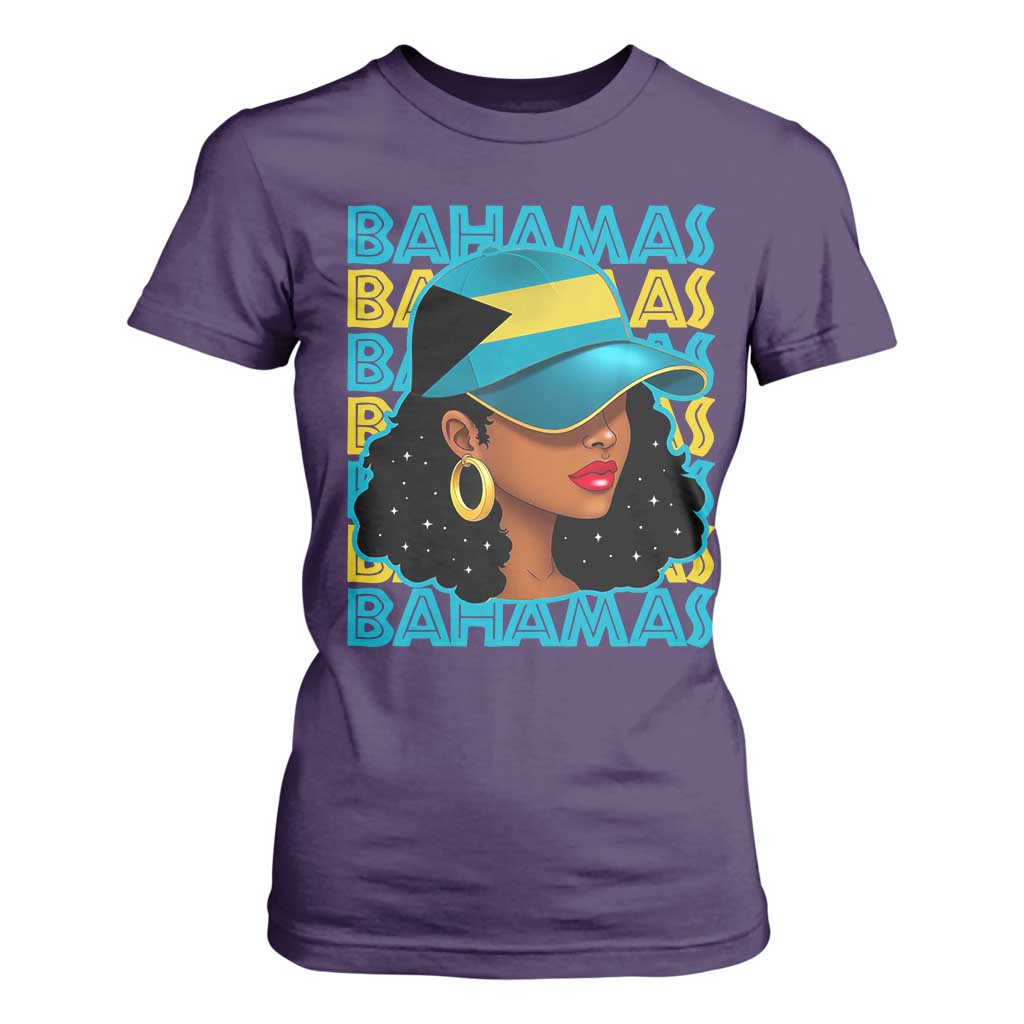 Bahamian Girl T Shirt For Women Melanin Afro Messy Bun Black Woman Bahamas Flag - African Pride