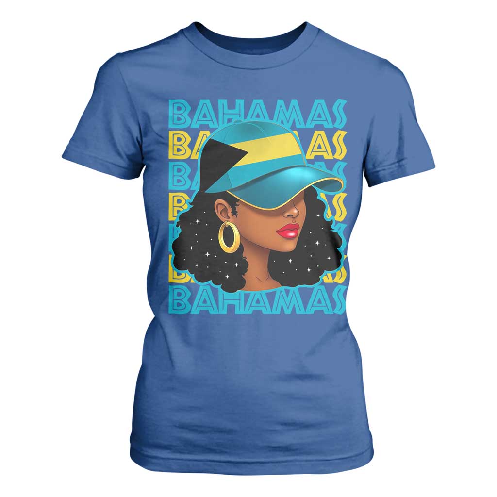 Bahamian Girl T Shirt For Women Melanin Afro Messy Bun Black Woman Bahamas Flag - African Pride