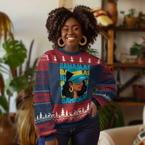 Bahamian Girl Knit Sweatshirt Melanin Afro Messy Bun Black Woman Bahamas Flag - African Pride