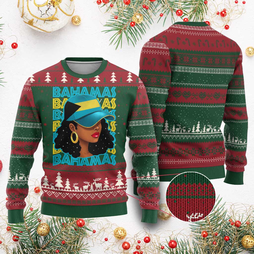 Bahamian Girl Knit Sweatshirt Melanin Afro Messy Bun Black Woman Bahamas Flag - African Pride