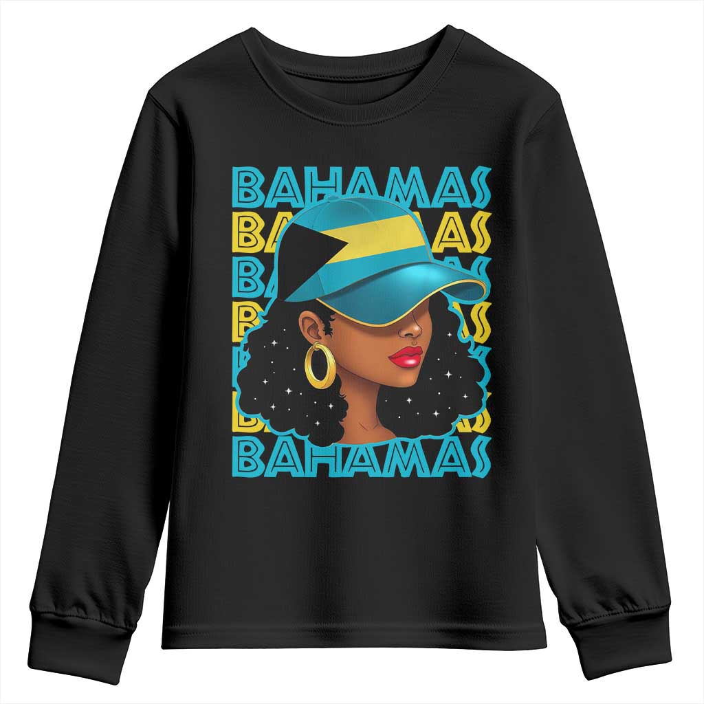 Bahamian Girl Youth Sweatshirt Melanin Afro Messy Bun Black Woman Bahamas Flag - African Pride