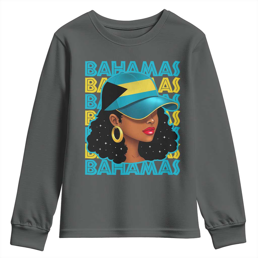 Bahamian Girl Youth Sweatshirt Melanin Afro Messy Bun Black Woman Bahamas Flag - African Pride