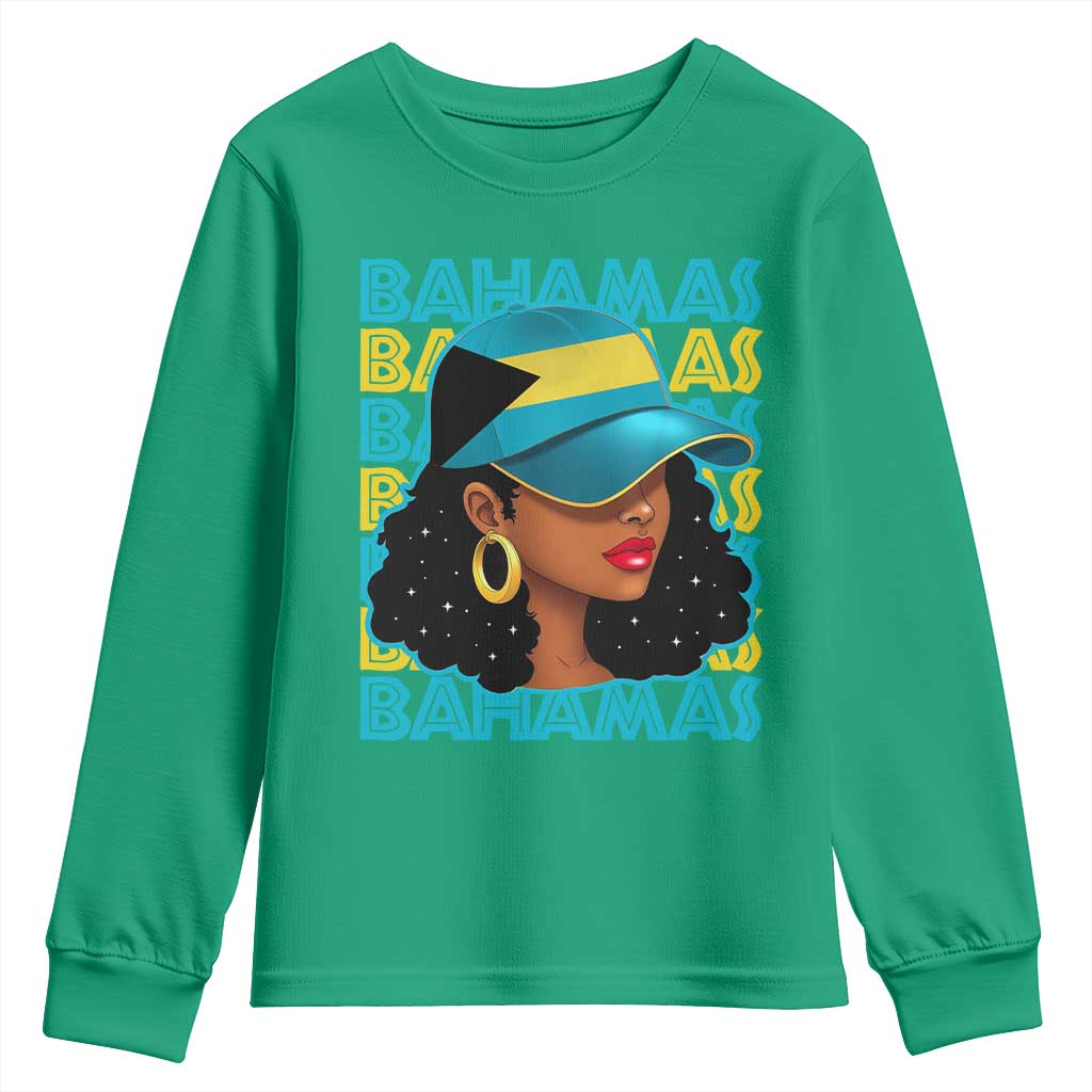 Bahamian Girl Youth Sweatshirt Melanin Afro Messy Bun Black Woman Bahamas Flag - African Pride
