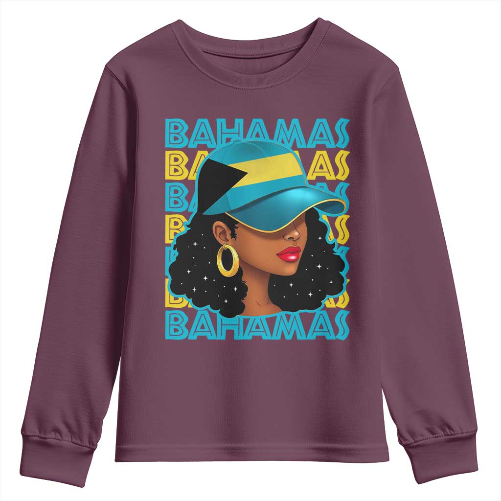 Bahamian Girl Youth Sweatshirt Melanin Afro Messy Bun Black Woman Bahamas Flag - African Pride