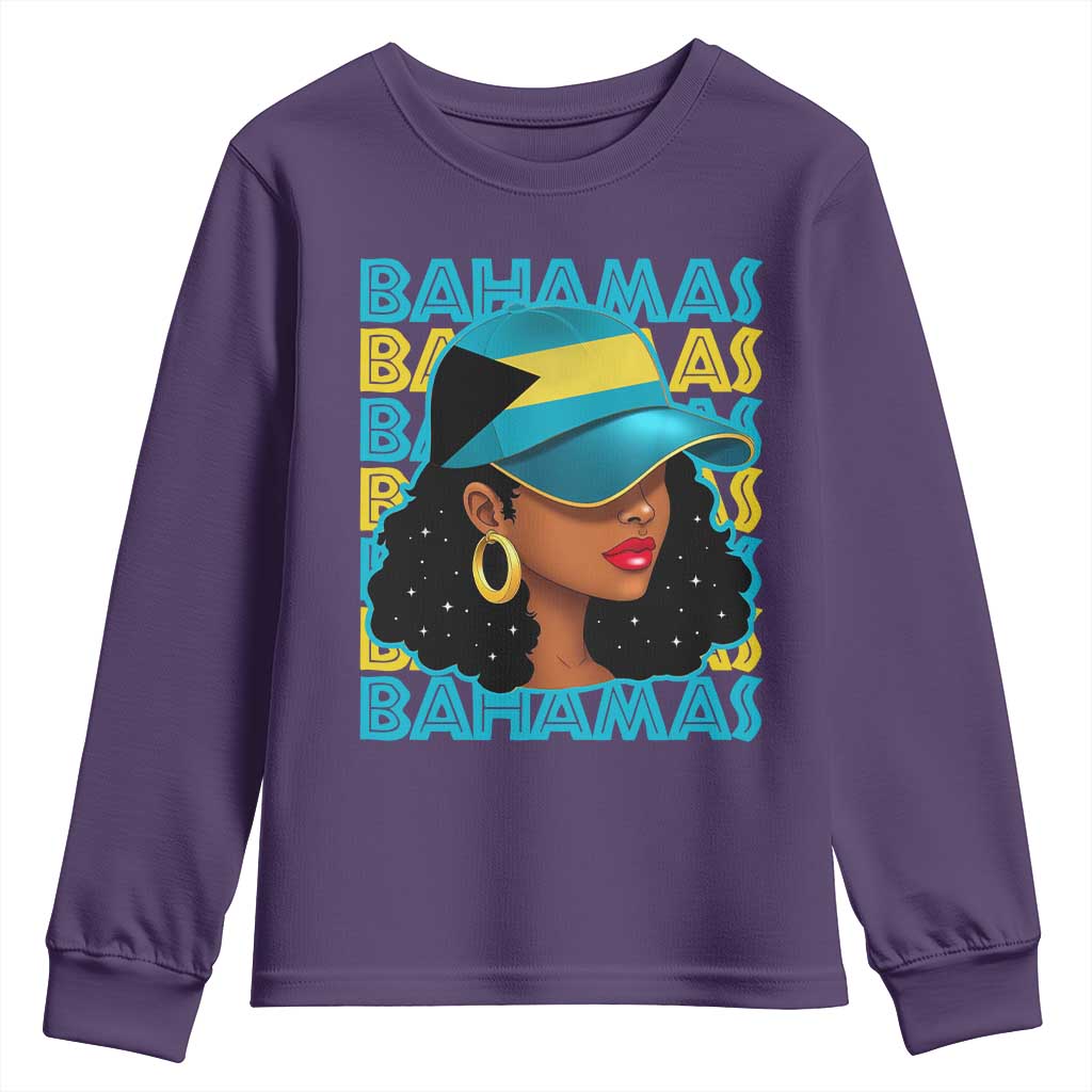 Bahamian Girl Youth Sweatshirt Melanin Afro Messy Bun Black Woman Bahamas Flag - African Pride