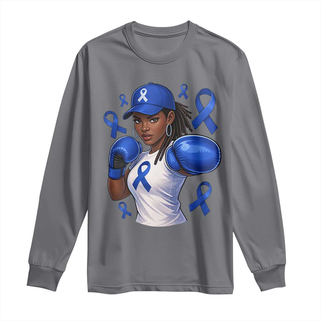 Black Women Fight Colon Cancer Blue Ribbon Long Sleeve Shirt African American Girls