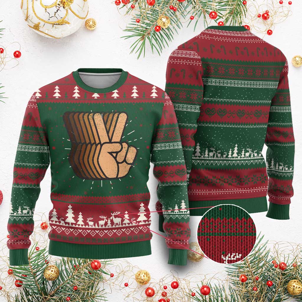 Retro Equality for All Knit Sweatshirt Peace Sign V Fingers Skin Tone Hands Vintage - African Pride