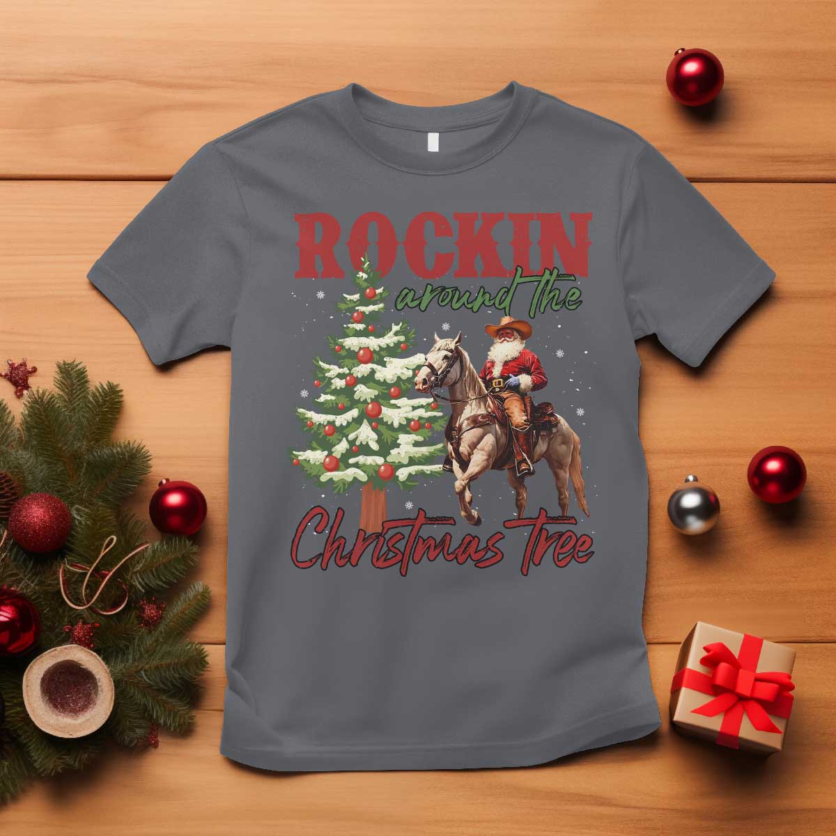 Western Christmas T Shirt Vintage 90s Cowboy Santa Claus Xmas Tree - African Pride