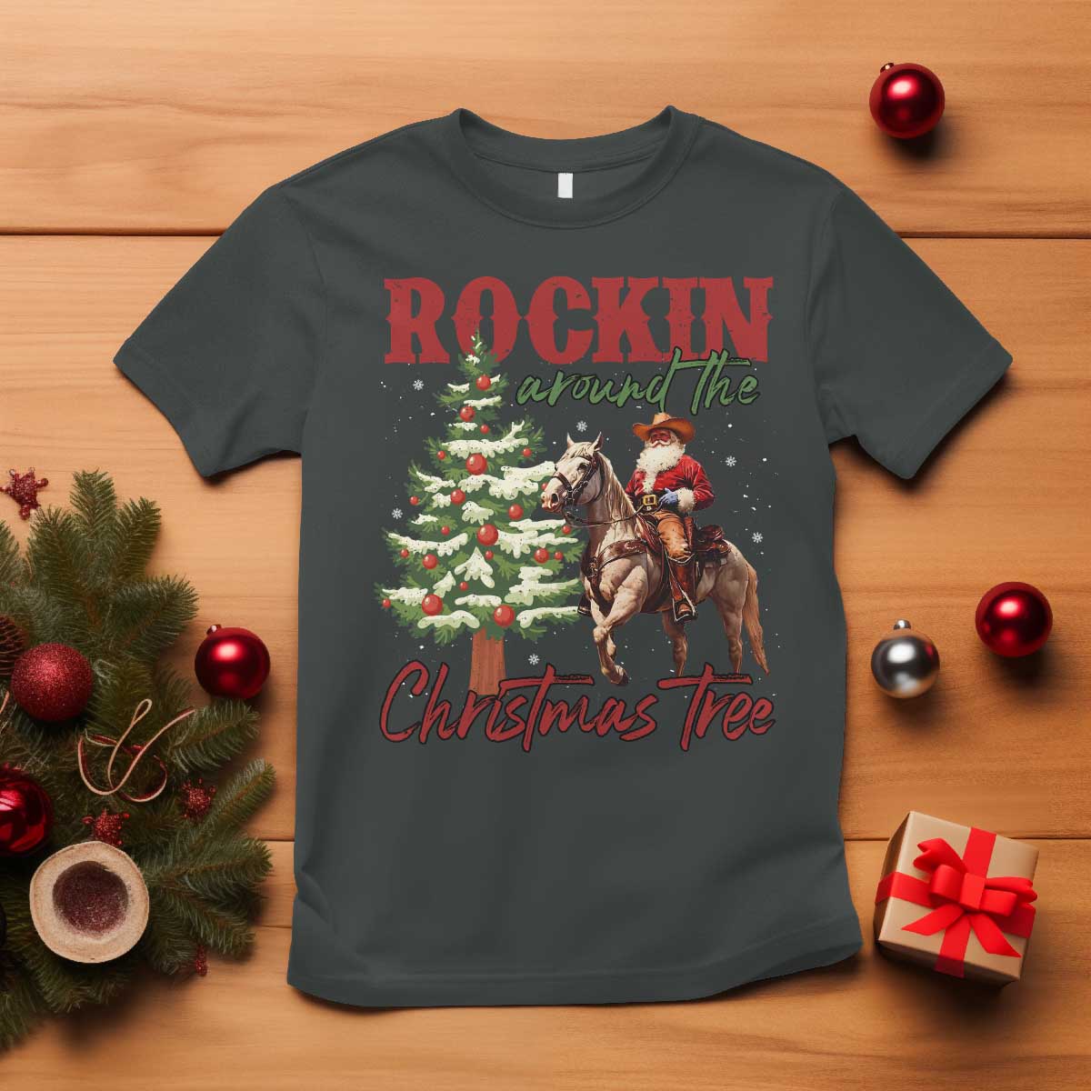 Western Christmas T Shirt Vintage 90s Cowboy Santa Claus Xmas Tree - African Pride