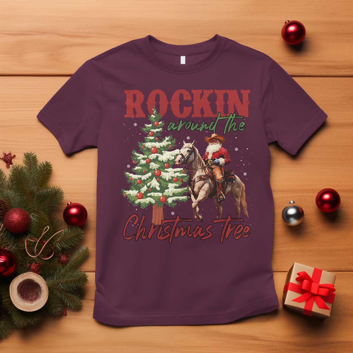 Western Christmas T Shirt Vintage 90s Cowboy Santa Claus Xmas Tree - African Pride