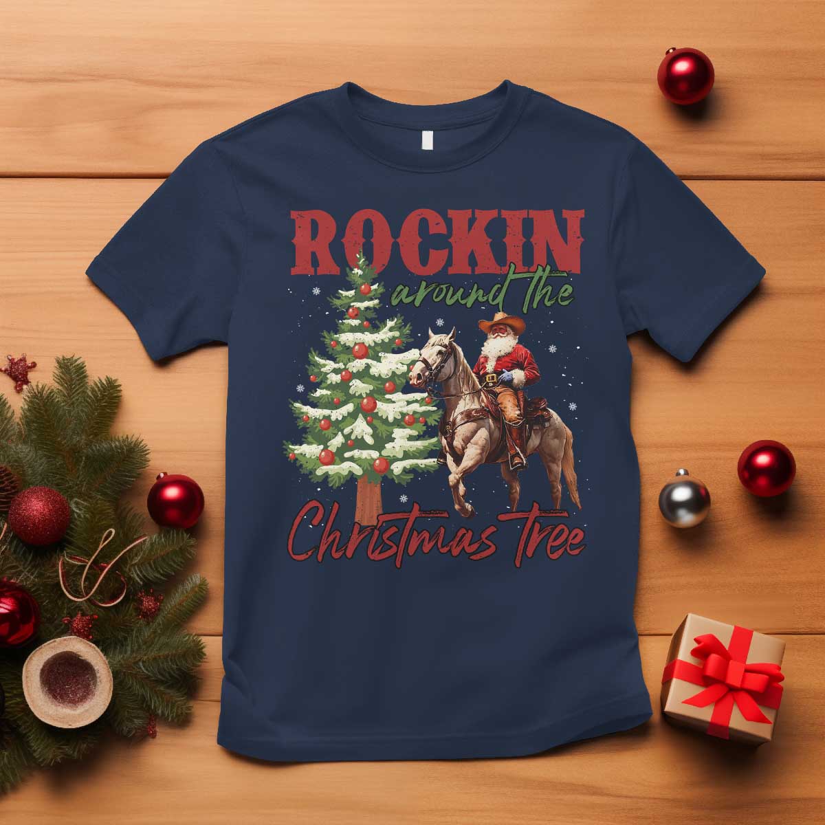 Western Christmas T Shirt Vintage 90s Cowboy Santa Claus Xmas Tree - African Pride