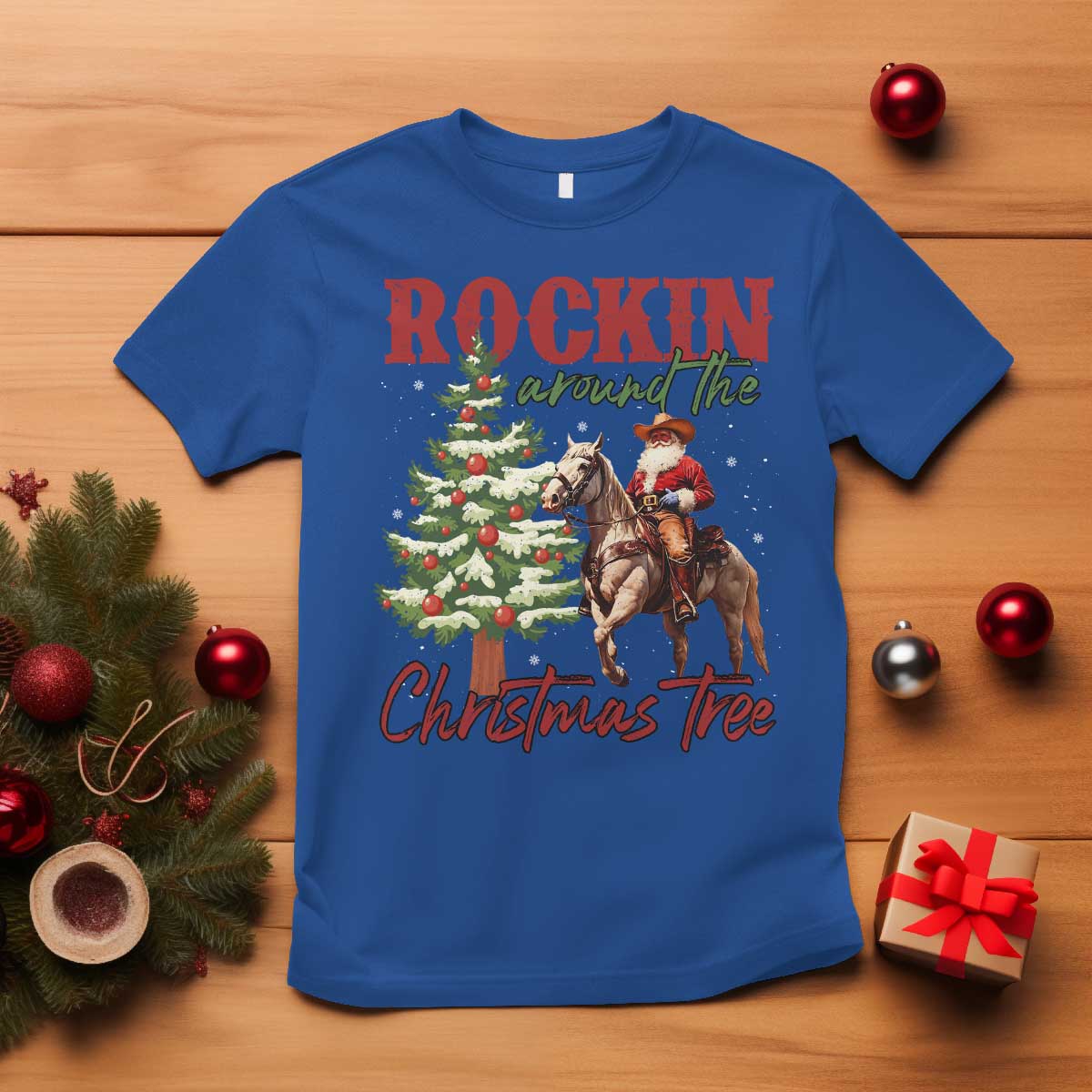Western Christmas T Shirt Vintage 90s Cowboy Santa Claus Xmas Tree - African Pride