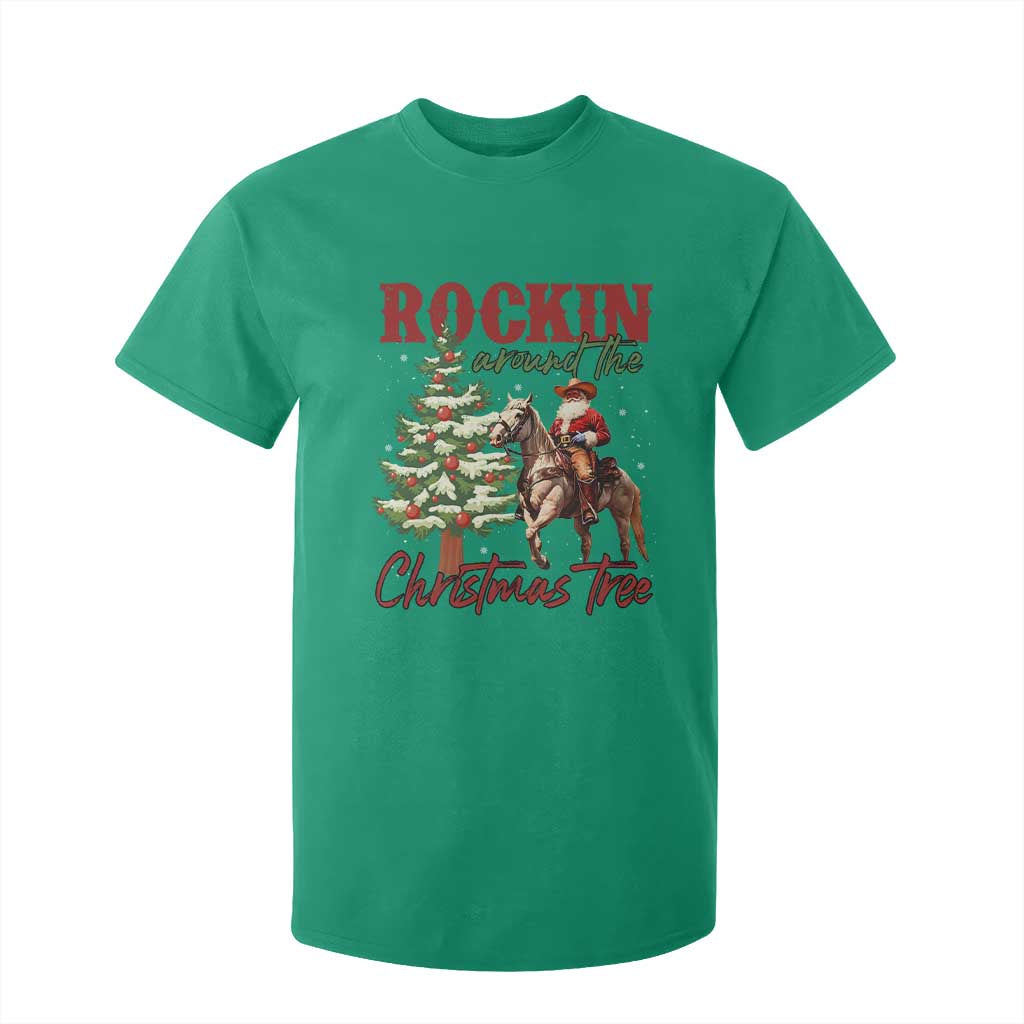 Western Christmas T Shirt For Kid Vintage 90s Cowboy Santa Claus Xmas Tree - African Pride