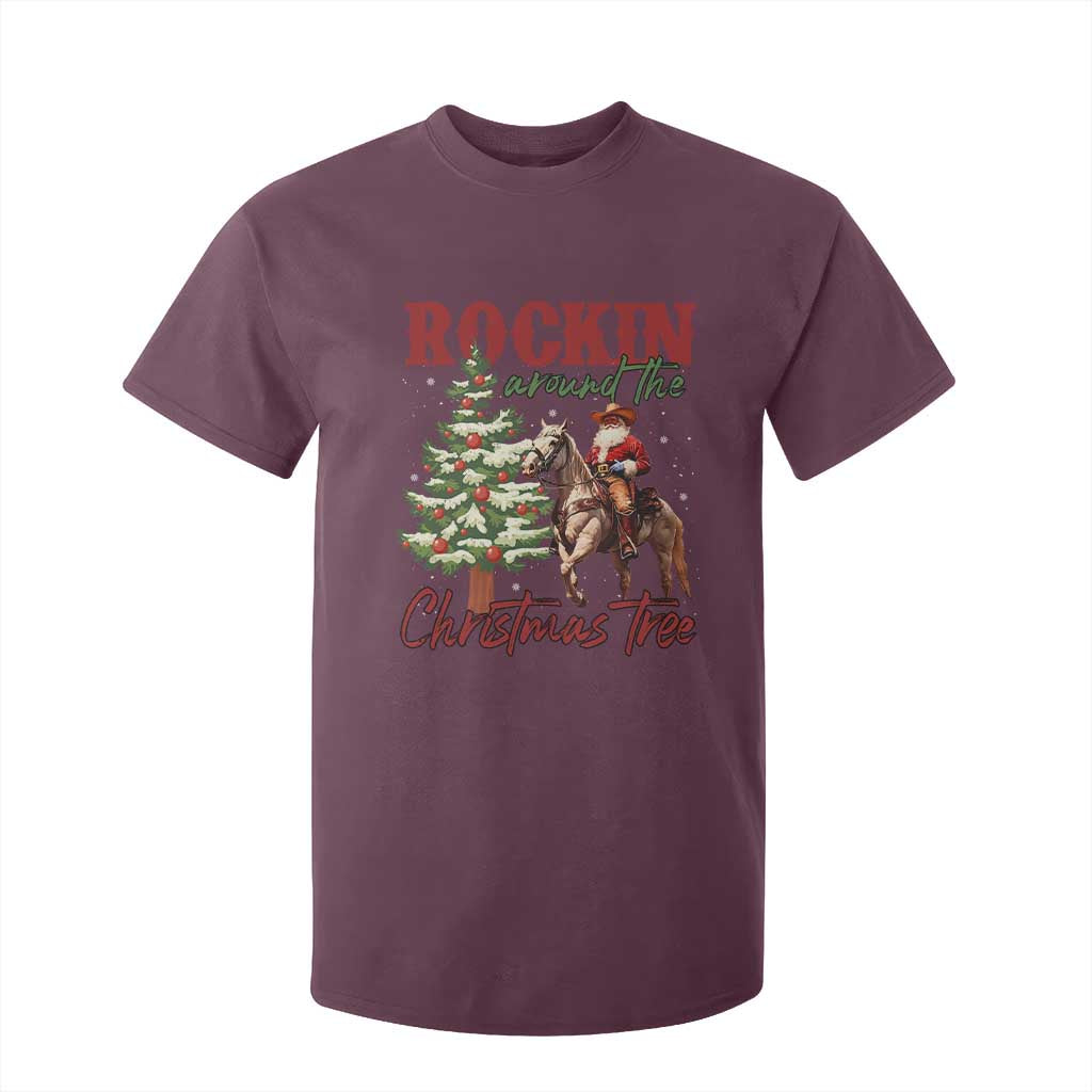 Western Christmas T Shirt For Kid Vintage 90s Cowboy Santa Claus Xmas Tree - African Pride