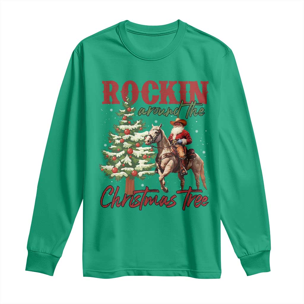 Western Christmas Long Sleeve Shirt Vintage 90s Cowboy Santa Claus Xmas Tree - African Pride