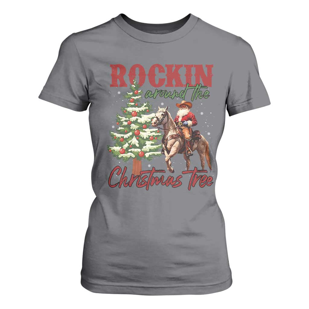 Western Christmas T Shirt For Women Vintage 90s Cowboy Santa Claus Xmas Tree - African Pride