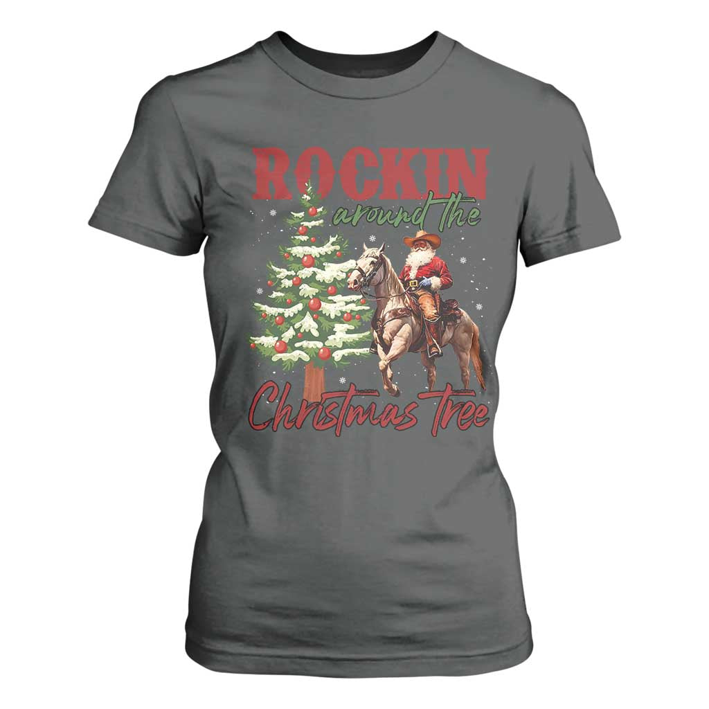 Western Christmas T Shirt For Women Vintage 90s Cowboy Santa Claus Xmas Tree - African Pride