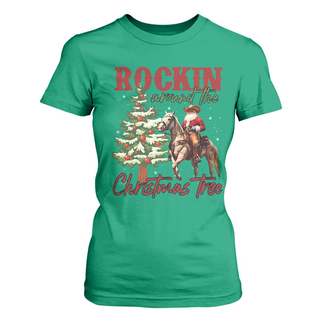 Western Christmas T Shirt For Women Vintage 90s Cowboy Santa Claus Xmas Tree - African Pride