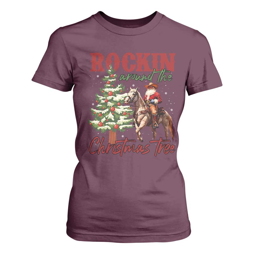 Western Christmas T Shirt For Women Vintage 90s Cowboy Santa Claus Xmas Tree - African Pride