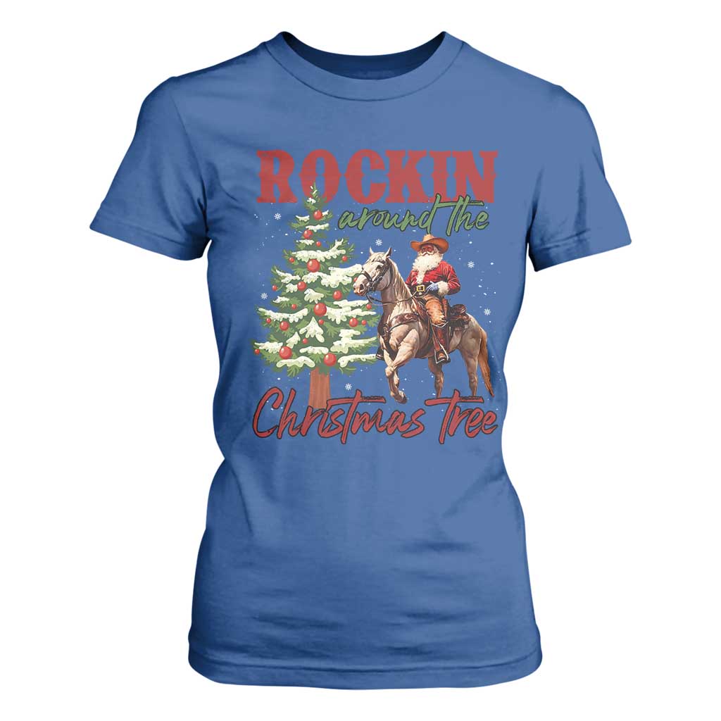 Western Christmas T Shirt For Women Vintage 90s Cowboy Santa Claus Xmas Tree - African Pride