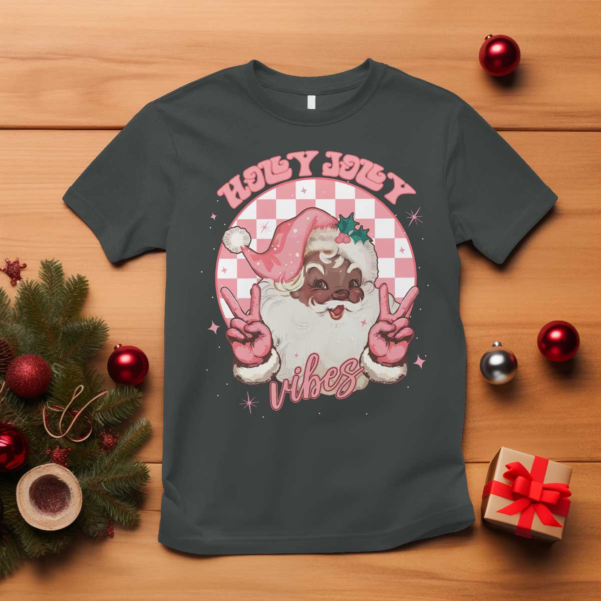 Funny Pink Christmas Retro Black Santa T Shirt Holly Jolly Vibes Checkboards