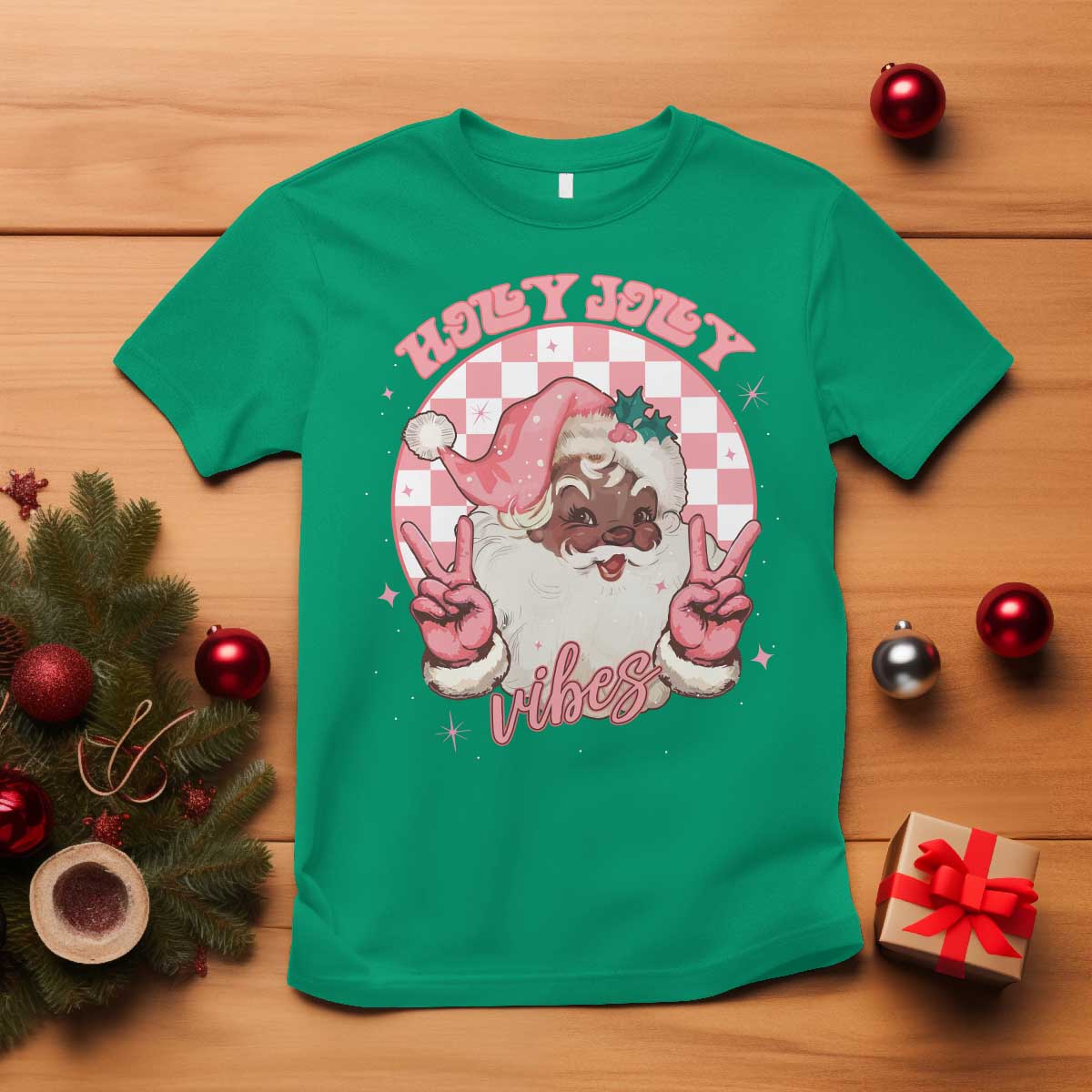 Funny Pink Christmas Retro Black Santa T Shirt Holly Jolly Vibes Checkboards