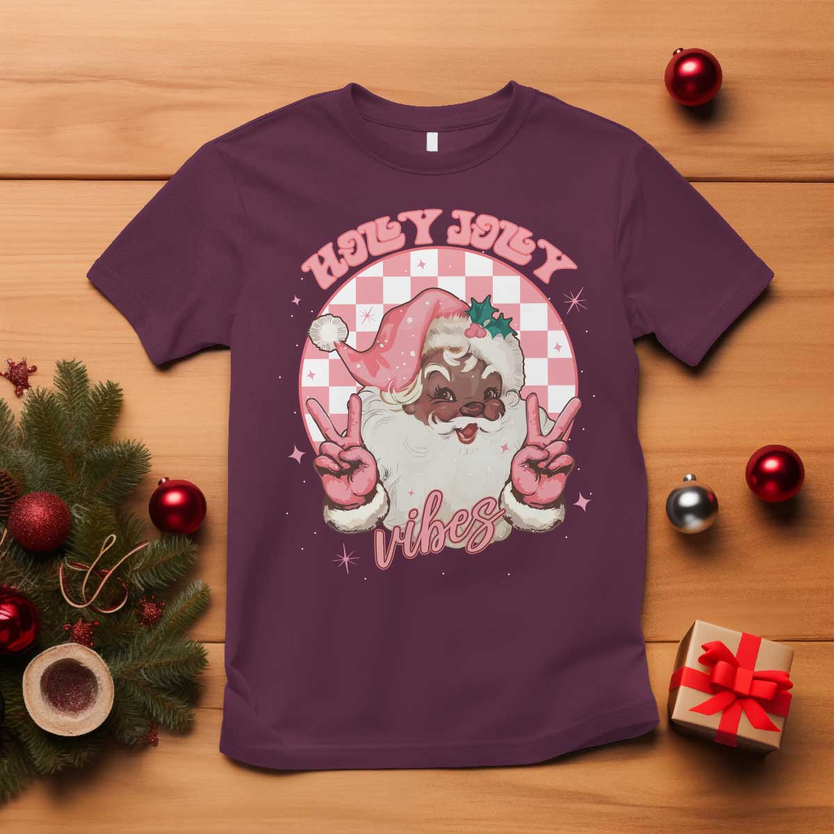 Funny Pink Christmas Retro Black Santa T Shirt Holly Jolly Vibes Checkboards