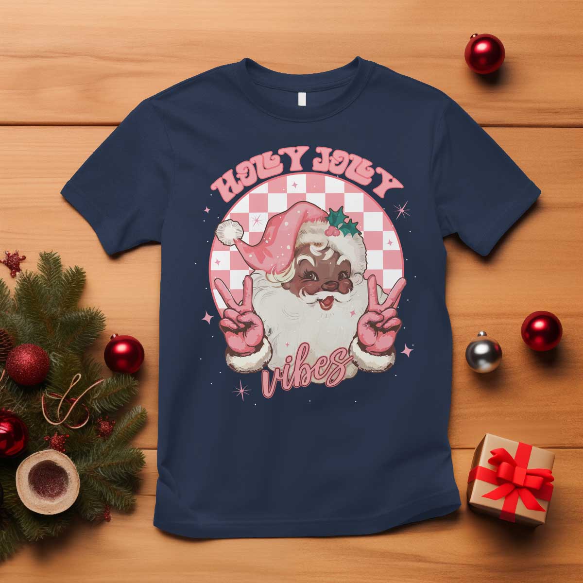 Funny Pink Christmas Retro Black Santa T Shirt Holly Jolly Vibes Checkboards