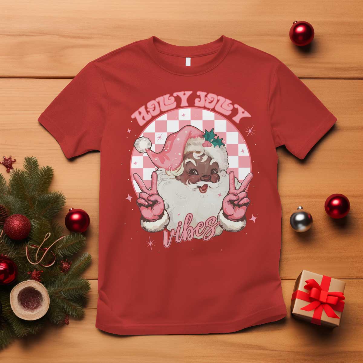 Funny Pink Christmas Retro Black Santa T Shirt Holly Jolly Vibes Checkboards
