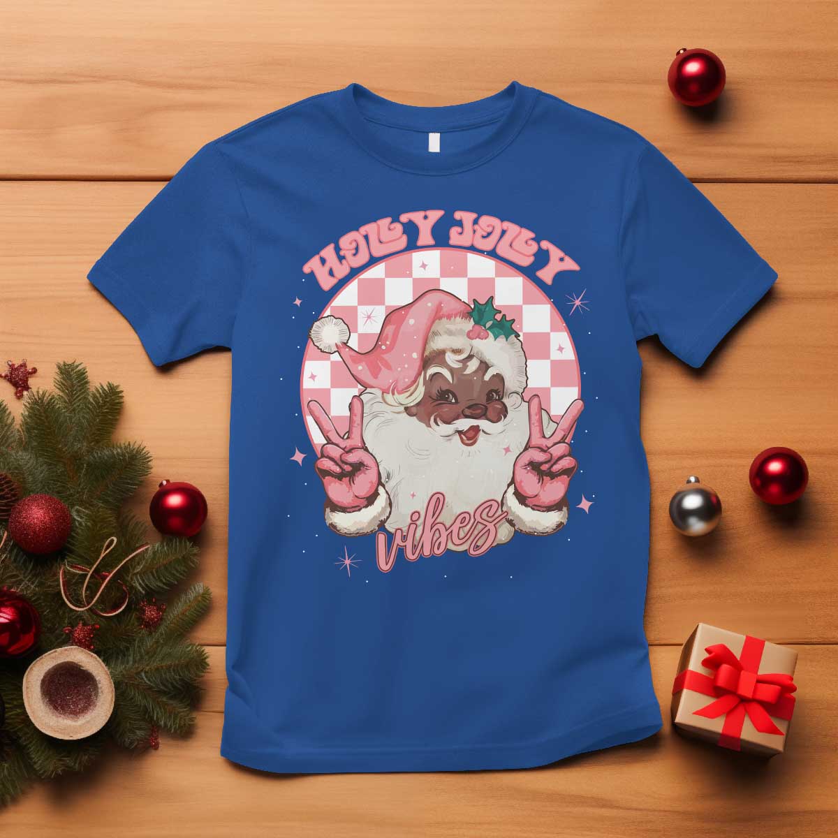 Funny Pink Christmas Retro Black Santa T Shirt Holly Jolly Vibes Checkboards
