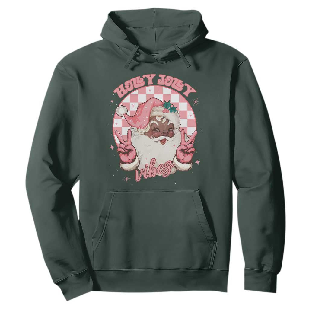 Funny Pink Christmas Retro Black Santa Hoodie Holly Jolly Vibes Checkboards