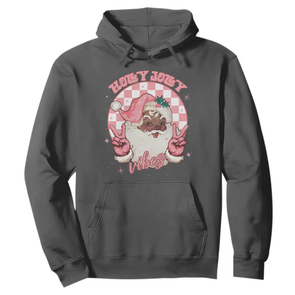 Funny Pink Christmas Retro Black Santa Hoodie Holly Jolly Vibes Checkboards